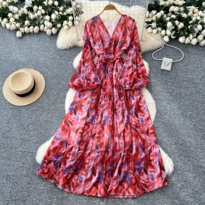 FRENCH RETRO V-NECK WAIST DRESS